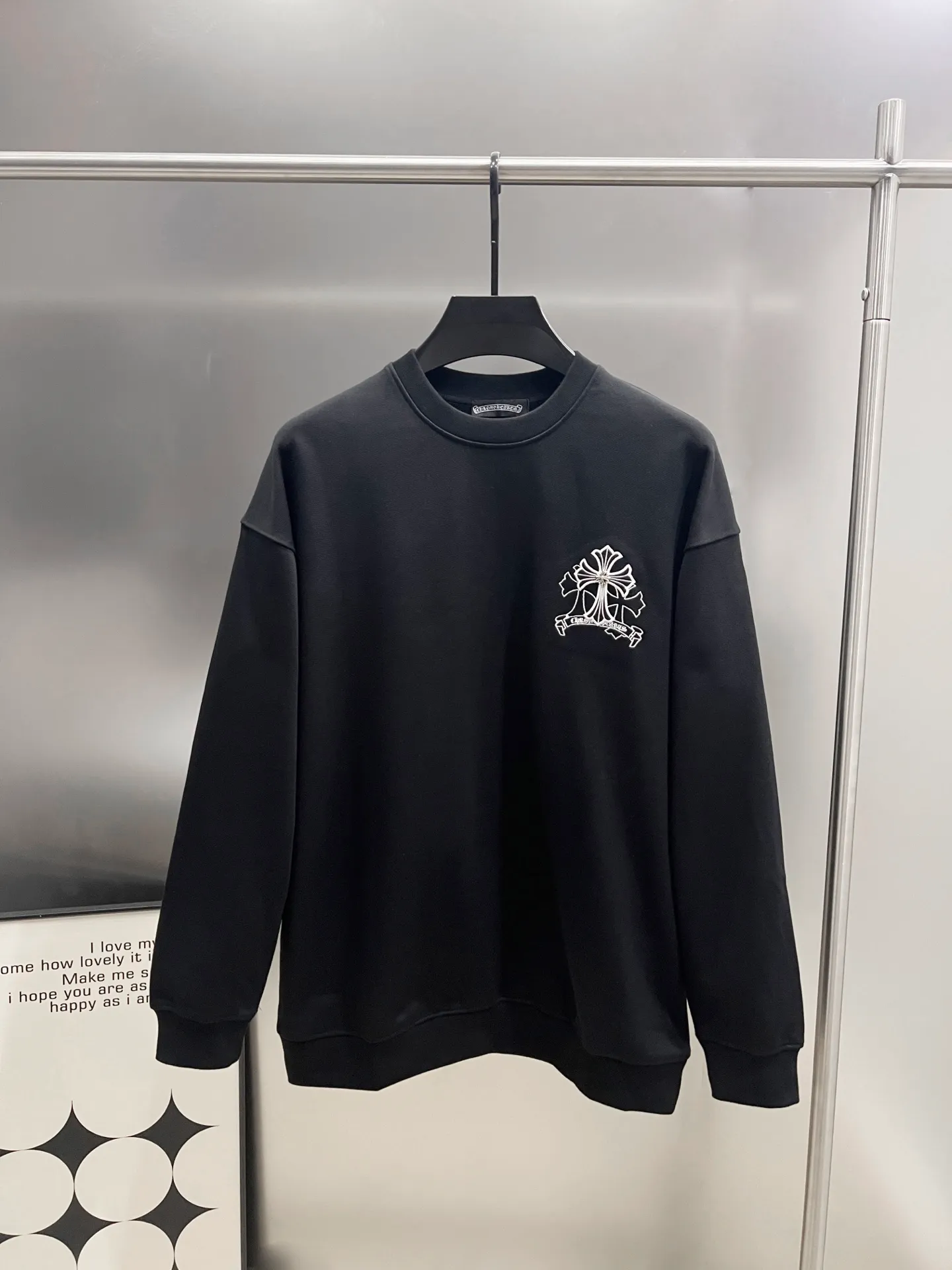 🅿️310 CH Cro 2025 Autumn and Winter New Customized 430g Double Yarn Fabric Round Neck Long Sleeve Sweater Chest Cross Pastel Embroidery Technology Classic Sanskrit Letters Embroidery Pastel + Hardware Design Technology High-end Version! The same loose version for men and women S M L XL XXL five sizes color black white